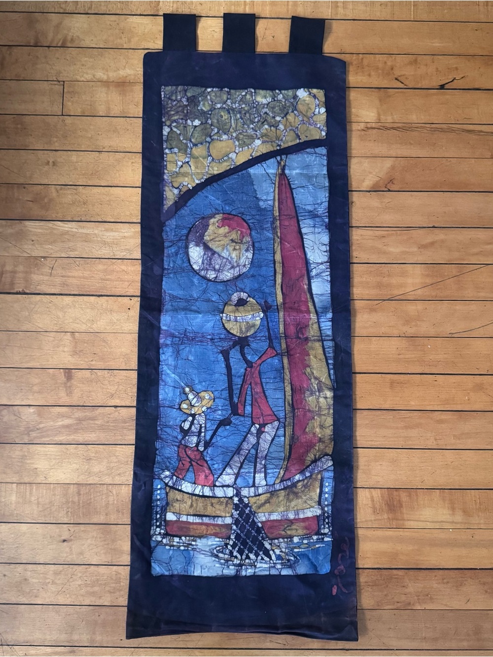 Vintage Batik Wall Textile hanging Tapestry African Woman & child long rectangle